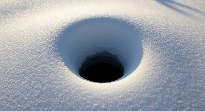 Close up view of a deep hole in snow and ice.