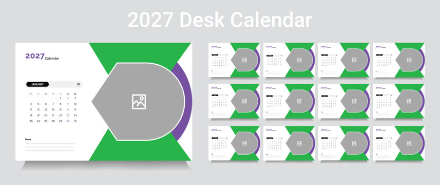 Customizable desk calendar 2026 template, corporate desk calendar schedule 2027 monthly 12-page planner layout, editable vector eps 10 file format