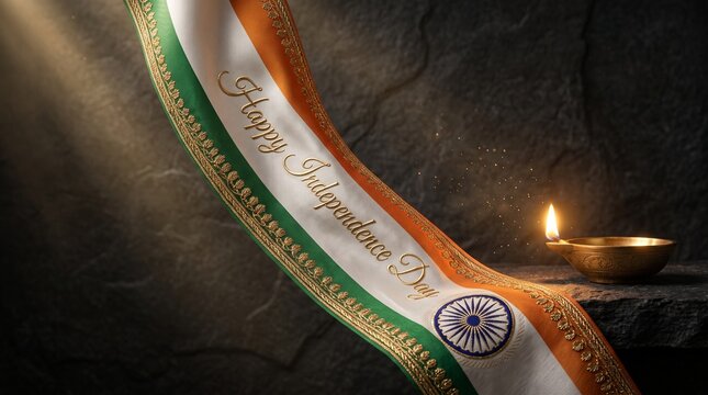 Happy independence day text on indian flag ribbon with lit diya lamp