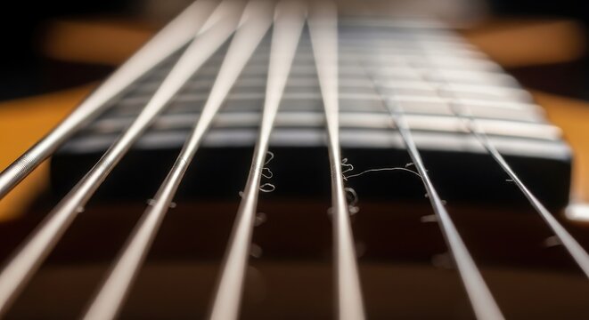 Close up view of acoustic guitar strings and fretboard.