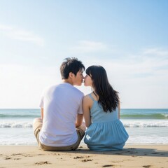 Fototapeta premium 海辺に座りキスをする若いカップルの後ろ姿