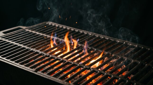 Close-up view of flames dancing on a hot barbecue grill at night.