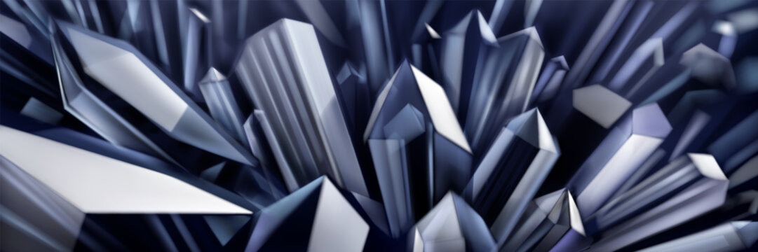 Abstract background in gray and black colors with large crystals with highlights on the facets and refracting of light