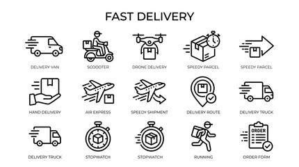 Fototapeta premium Vector set of fast delivery and logistics icons showing shipping methods, cargo transportation, and transport services