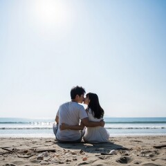 Fototapeta premium 海辺に座りキスをする若いカップルの後ろ姿