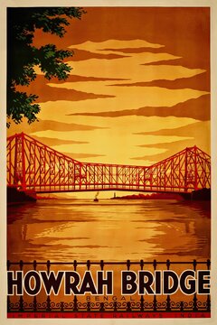 Howrah Bridge's Sunset Silhouette: Artistic Vibrant Architecture Over India's Iconic River Bridge