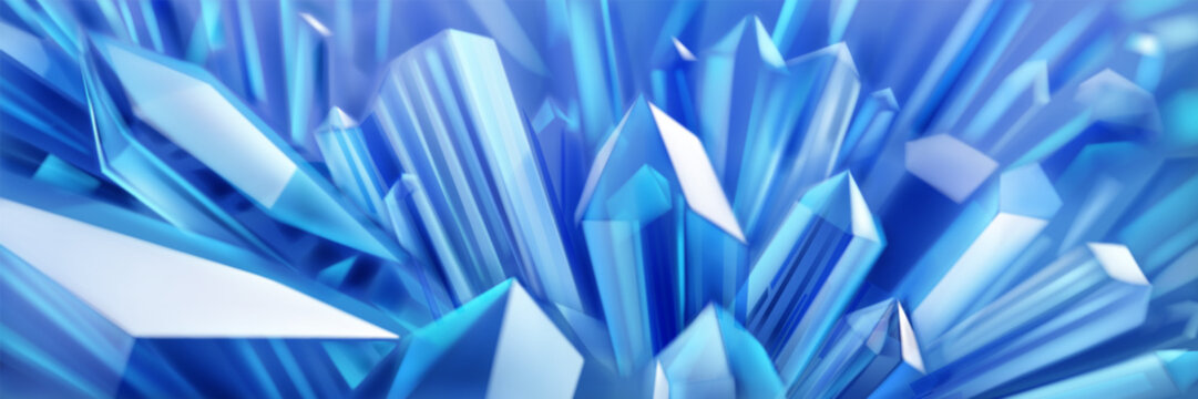 Abstract background in light blue colors with large crystals with highlights on the facets and refracting of light