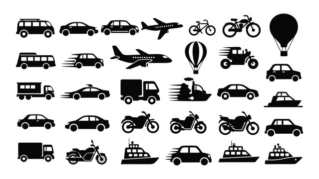 Black vehicle and transportation icons set