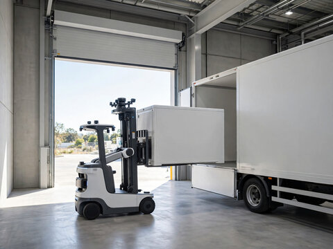 Autonomous forklift loading cold chain container onto transport truck