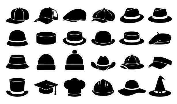 Minimal Vector Hat Silhouette Set Featuring Fashion Caps Classic Headwear and Professional Hat Shapes Collection