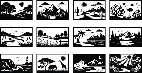 Obraz premium Natural Ecosystem Biome Silhouette Icon Set with Forest Desert Mountain Coral Reef Swamp Ocean Savanna and Arctic Landscape Framed Graphic Designs