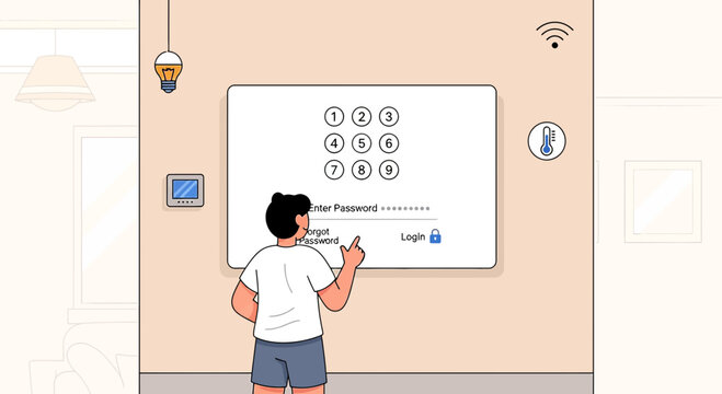 Login screen with numerical keypad and fingerprint scanner, young adult entering password
