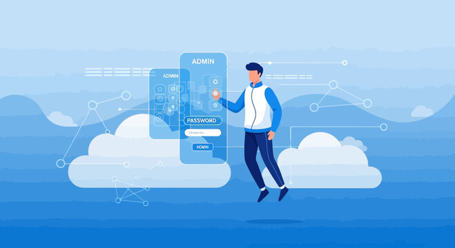 Man Accessing Admin Account on Cloud Server - Digital Security Concept