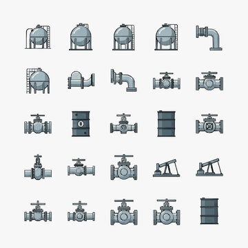 Dynamic Collection of Industrial Valves and Pressure Vessels in Monochromatic Gray and Black Illustrations