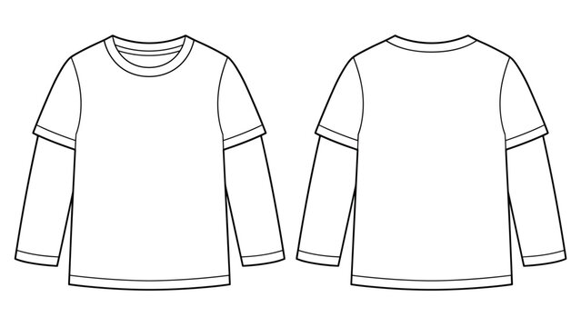 Children's crew neck layered sleeve T Shirt flat sketch fashion illustration with front and back view. Basic kids T-Shirt drawing vector template mock up