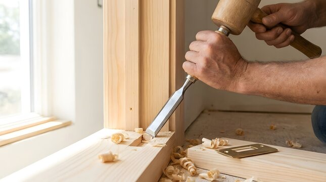 Carpenter hands using a chisel and wooden mallet to carve a mortise into a light wood door frame in sunny room