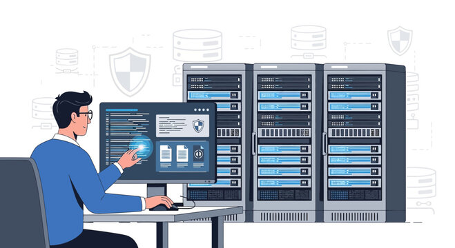 IT Professional Works on Server Racks with Data Security Shields