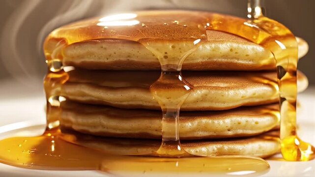 Close-up of a delicious stack of hot golden pancakes with maple syrup dripping down the sides and steam rising