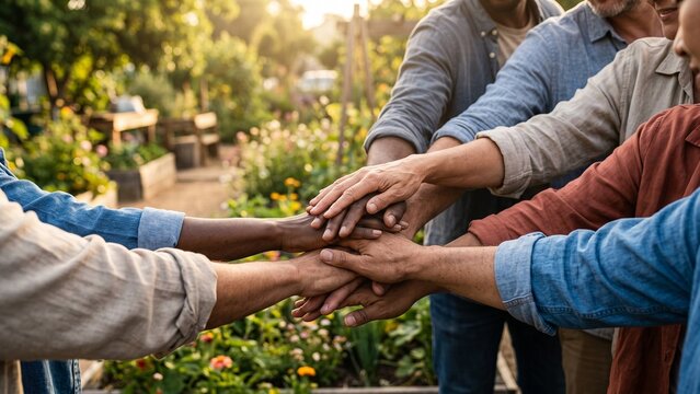 Diverse group of friends stacking hands together in a garden setting, symbolizing unity and teamwork.