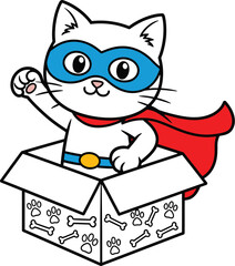Superhero cat in a box vector, cute white kitten mascot, comic hero pet character © analyzer