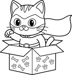 Superhero cat coloring page, cute kitten in cape and mask, funny pet vector illustration © analyzer