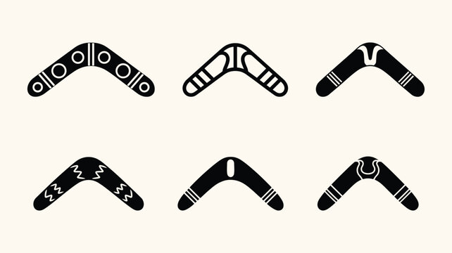 Aboriginal boomerang collection in black and white silhouette style.
