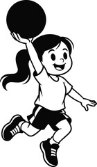 Fototapeta premium Retro girl playing basketball vector, vintage cartoon child athlete, sports mascot