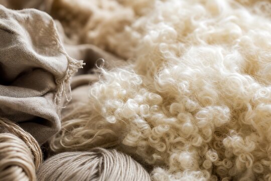 Soft natural raw sheep wool, linen fabric folds, and cotton yarn balls, symbolizing sustainable textile production, organic materials, and eco-friendly fashion