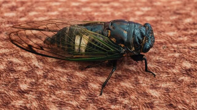 Macro photograph of a large dark cicada insect resting on a textured brown surface showing detailed wings and exoskeleton