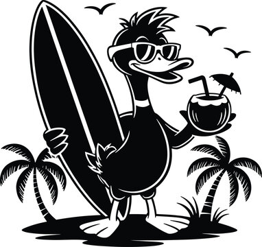 Retro surfing duck vector, cool bird with surfboard, tropical beach vacation mascot