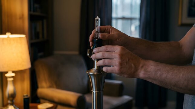 Man hands installing a clear halogen light bulb into a silver metal lamp base in a cozy dim living room setup.