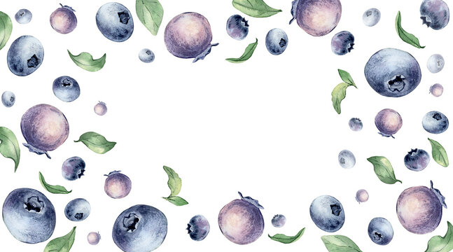 Frame of fresh big blueberry and leaves watercolor illustration isolated. Hand drawn botanical border with juicy blue fruits. Seasonal summer drawing for packaging, kitchen utensil and menu design.