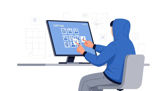 Hacker in hoodie solving captcha on computer screen, cybersecurity concept