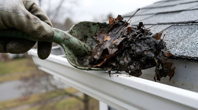 Gloved hand uses a green trowel to scoop wet brown leaves and sludge from a white rain gutter on a house roof.