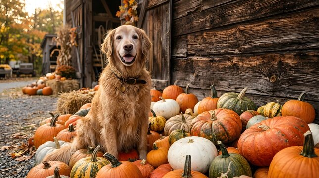 Golden retriever dog sits among harvested pumpkins at a rustic wooden barn