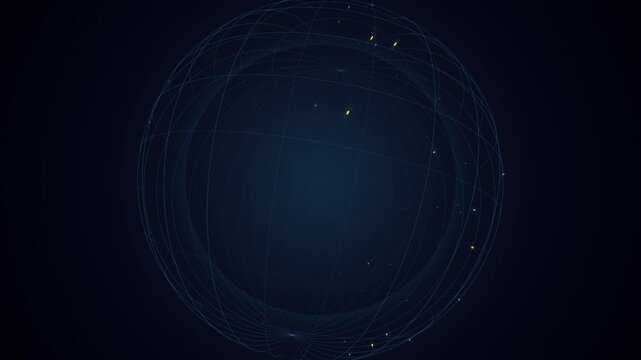 Abstract rotating digital sphere with glowing particles on a dark background
