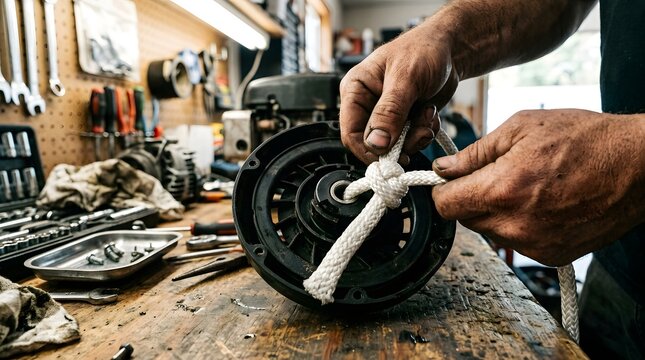 Mechanic's greasy hands tying a white rope to a small engine recoil starter on a wooden workbench in a garage.