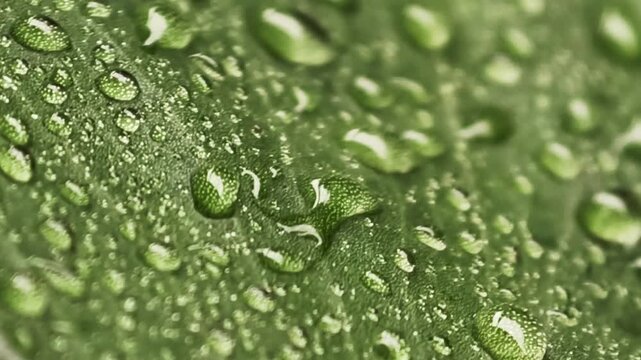 Macro view of vibrant green leaf adorned with sparkling water droplets, showcasing the intricate texture and natural purity after a refreshing rain shower