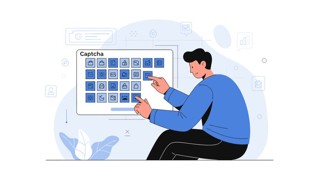 Human verifies captcha by selecting images on screen, cybersecurity concept