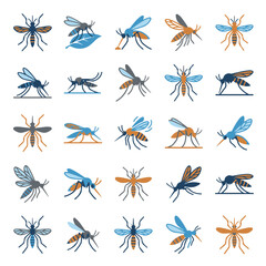 Fototapeta premium Mosquito Insect Icons Set Different Poses and Colors
