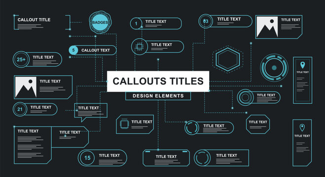 Digital technology callouts title design element set featuring various neon blue linear frames text boxes and modern user interface borders