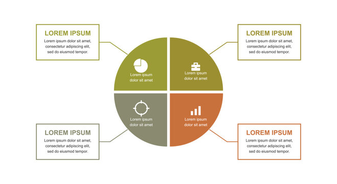 Minimalist circular infographic template showing a large wheel divided into four quadrants with pointers extending out to four descriptions