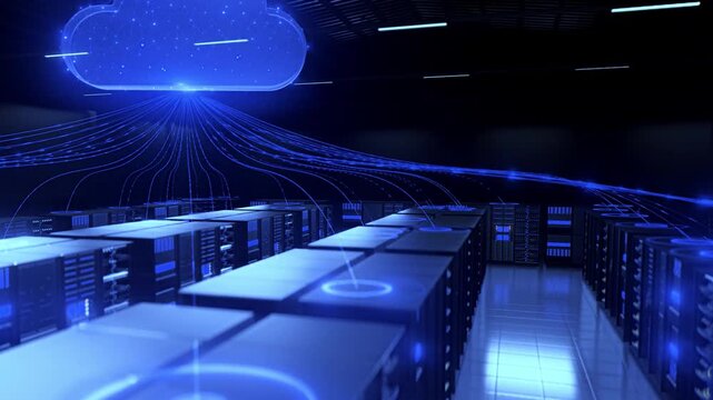 High-tech cloud server facility with enterprise storage systems, network security, and information technology services.