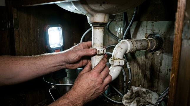 Close up of plumber hands repairing a leaky pipe under sink using a bright LED work light in dark cabinet area