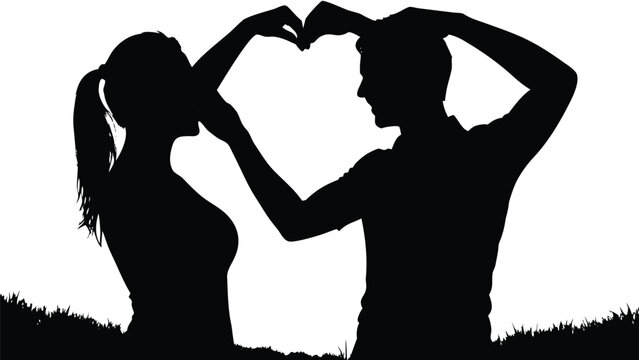 Silhouetted Couple Making Heart: A loving couple forms a heart shape with their hands, their silhouettes outlined against a bright sky, symbolizing romance and connection.