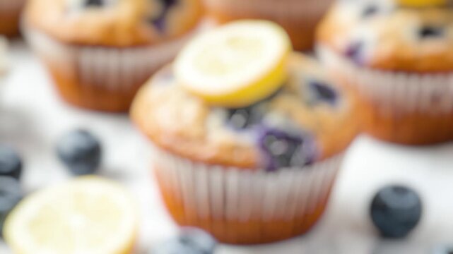 Freshly baked blueberry muffins topped with tangy lemon slices, perfect for breakfast or snack