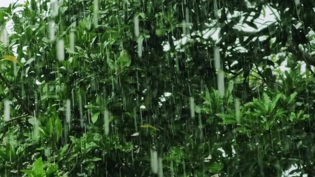 Heavy summer rain pouring down on green tree leaves in a lush garden, creating a refreshing natural scene