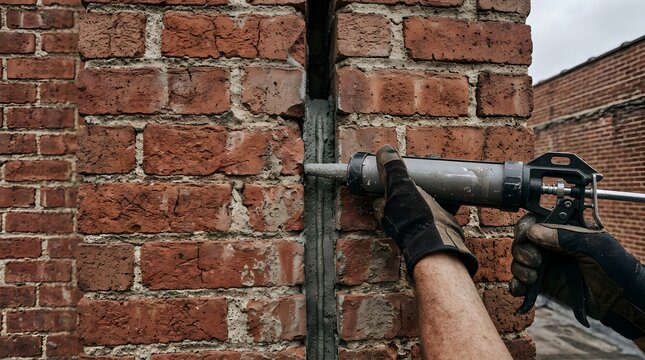 Close-up of a construction worker using a manual caulking gun to fill a vertical gap in a red brick wall today
