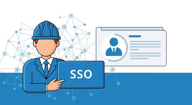 Engineer with SSO login concept and user profile card in network background