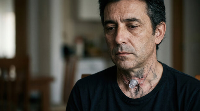 Somber reflection a man with a tracheostomy reflects on the impact of smoking and respiratory disease